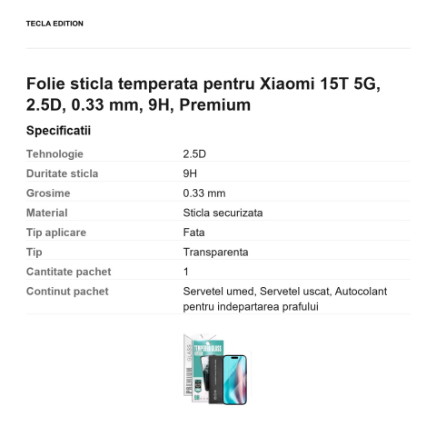 Folie sticla temperata pentru Xiaomi 15T 5G, 2.5D, 0.33 mm, 9H, Premium [2]