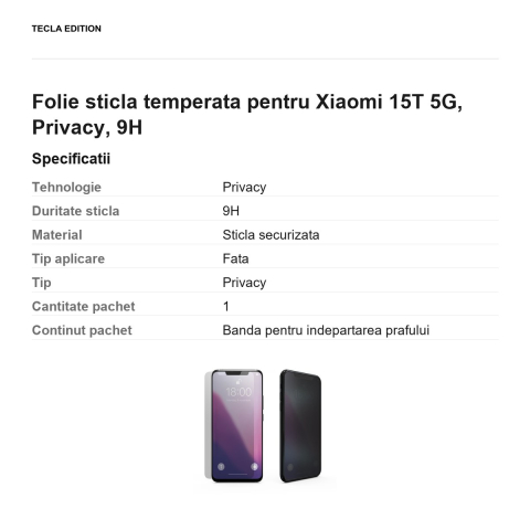 Folie sticla temperata pentru Xiaomi 15T 5G, Privacy, 9H [2]