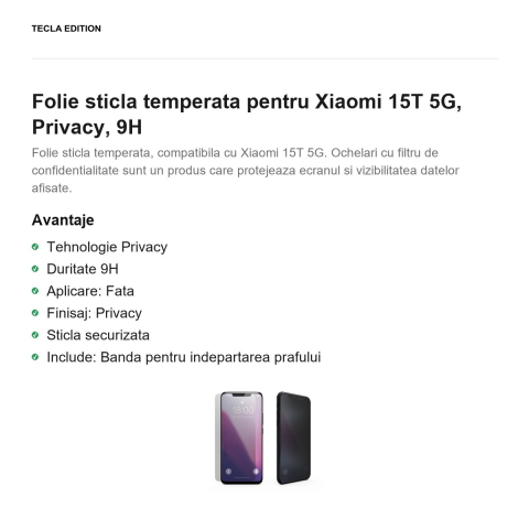Folie sticla temperata pentru Xiaomi 15T 5G, Privacy, 9H [1]