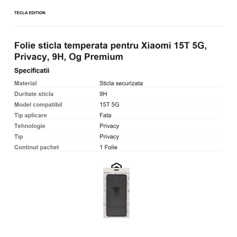 Folie sticla temperata pentru Xiaomi 15T 5G, Privacy, 9H, Og Premium [2]