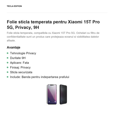 Folie sticla temperata pentru Xiaomi 15T Pro 5G, Privacy, 9H [1]