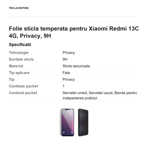 Folie sticla temperata pentru Xiaomi Redmi 13C 4G, Privacy, 9H [2]