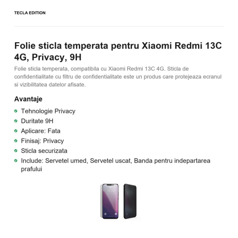 Folie sticla temperata pentru Xiaomi Redmi 13C 4G, Privacy, 9H [1]