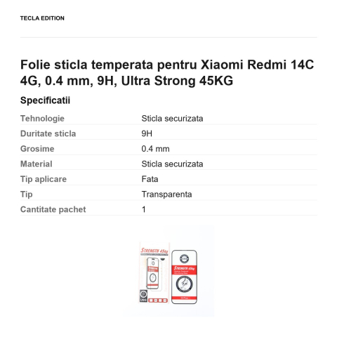 Folie sticla temperata pentru Xiaomi Redmi 14C 4G, 0.4 mm, 9H, Ultra Strong 45KG [2]