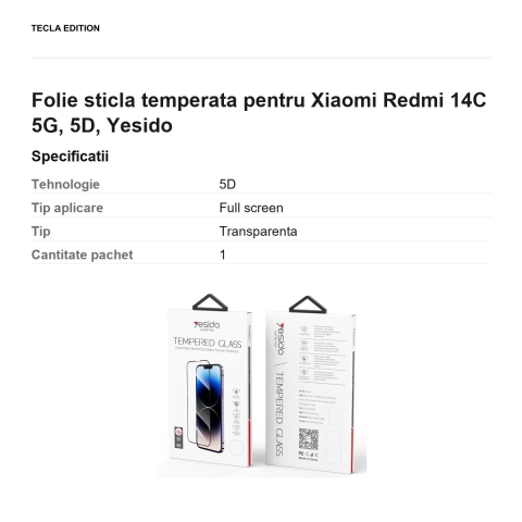 Folie sticla temperata pentru Xiaomi Redmi 14C 5G, 5D, Yesido [2]