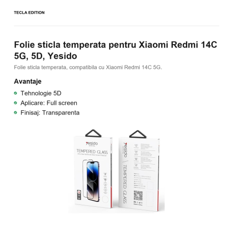 Folie sticla temperata pentru Xiaomi Redmi 14C 5G, 5D, Yesido [1]