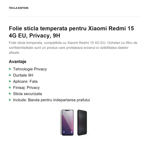 Folie sticla temperata pentru Xiaomi Redmi 15 4G EU, Privacy, 9H [1]