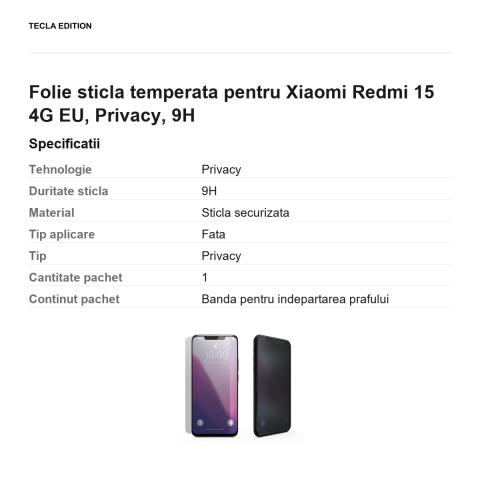 Folie sticla temperata pentru Xiaomi Redmi 15 4G EU, Privacy, 9H [2]