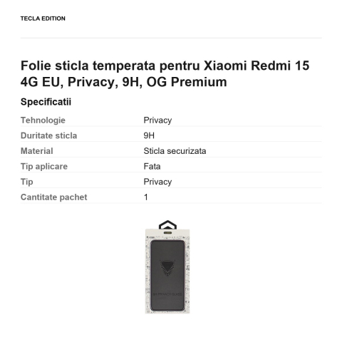 Folie sticla temperata pentru Xiaomi Redmi 15 4G EU, Privacy, 9H, OG Premium [2]