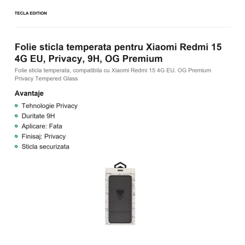 Folie sticla temperata pentru Xiaomi Redmi 15 4G EU, Privacy, 9H, OG Premium [1]