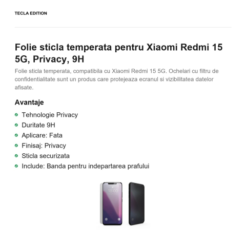 Folie sticla temperata pentru Xiaomi Redmi 15 5G, Privacy, 9H [1]