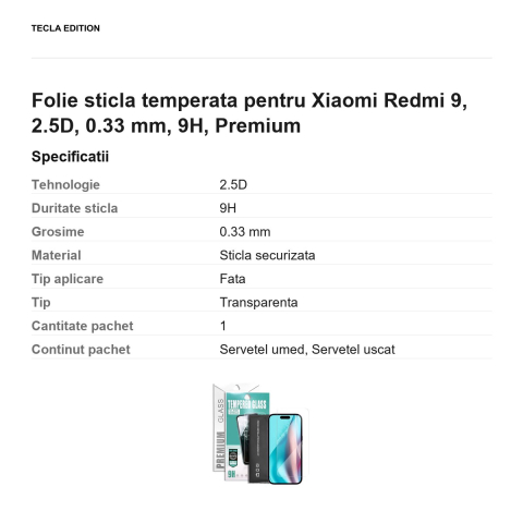 Folie sticla temperata pentru Xiaomi Redmi 9, 2.5D, 0.33 mm, 9H, Premium [2]