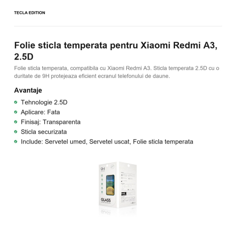 Folie sticla temperata pentru Xiaomi Redmi A3, 2.5D [1]
