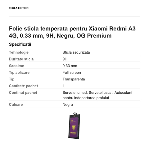 Folie sticla temperata pentru Xiaomi Redmi A3 4G, 0.33 mm, 9H, Negru, OG Premium [2]