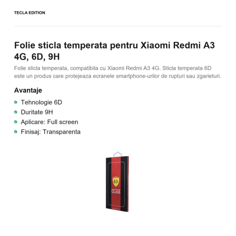 Folie sticla temperata pentru Xiaomi Redmi A3 4G, 6D, 9H [1]