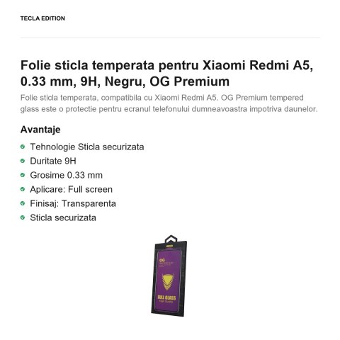 Folie sticla temperata pentru Xiaomi Redmi A5, 0.33 mm, 9H, Negru, OG Premium [1]