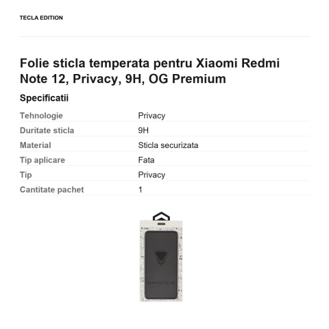 Folie sticla temperata pentru Xiaomi Redmi Note 12 4G, Privacy, 9H, OG Premium [2]