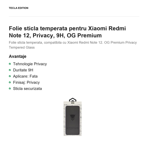 Folie sticla temperata pentru Xiaomi Redmi Note 12 4G, Privacy, 9H, OG Premium [1]