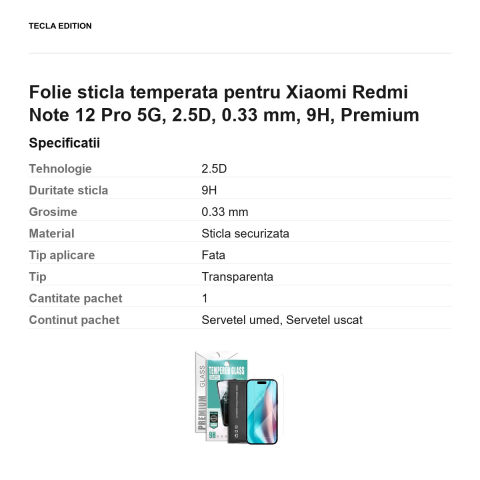 Folie sticla temperata pentru Xiaomi Redmi Note 12 Pro 5G, 2.5D, 0.33 mm, 9H, Premium [2]