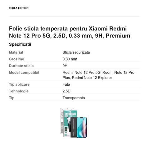Folie sticla temperata pentru Xiaomi Redmi Note 12 Pro 5G, 2.5D, 0.33 mm, 9H, Premium [2]