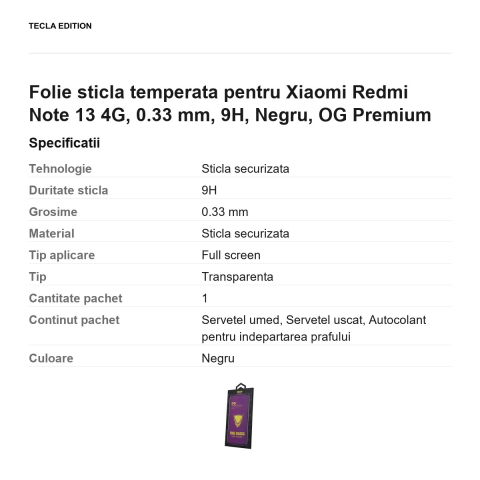 Folie sticla temperata pentru Xiaomi Redmi Note 13 4G, 0.33 mm, 9H, Negru, OG Premium [2]