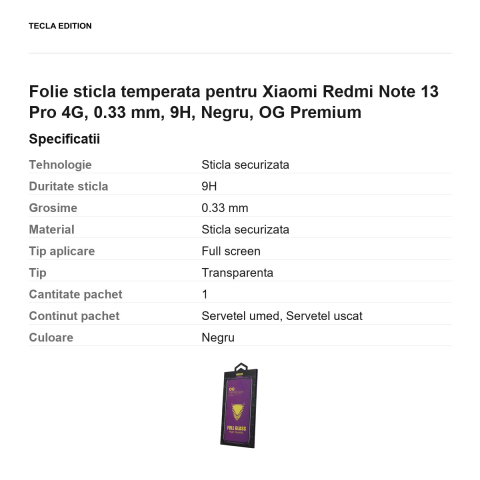 Folie sticla temperata pentru Xiaomi Redmi Note 13 Pro 4G, 0.33 mm, 9H, Negru, OG Premium [2]