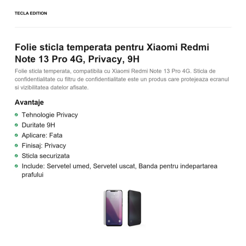 Folie sticla temperata pentru Xiaomi Redmi Note 13 Pro 4G, Privacy, 9H [1]