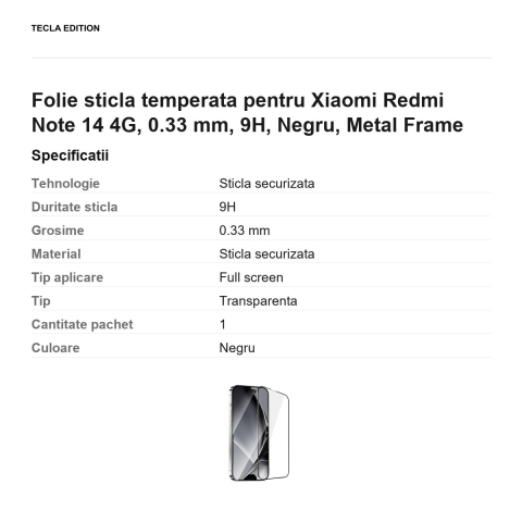 Folie sticla temperata pentru Xiaomi Redmi Note 14 4G, 0.33 mm, 9H, Negru, Metal Frame [2]