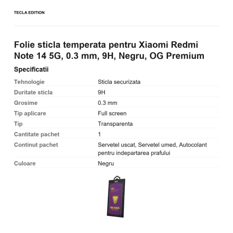 Folie sticla temperata pentru Xiaomi Redmi Note 14 5G, 0.3 mm, 9H, Negru, OG Premium [2]