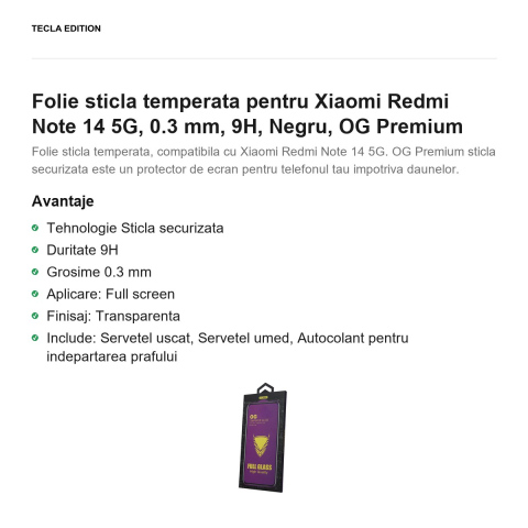 Folie sticla temperata pentru Xiaomi Redmi Note 14 5G, 0.3 mm, 9H, Negru, OG Premium [1]