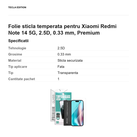 Folie sticla temperata pentru Xiaomi Redmi Note 14 5G, 2.5D, 0.33 mm, Premium [2]