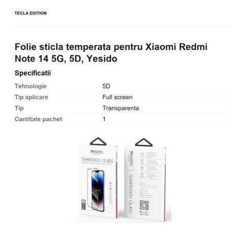 Folie sticla temperata pentru Xiaomi Redmi Note 14 5G, 5D, Yesido [2]