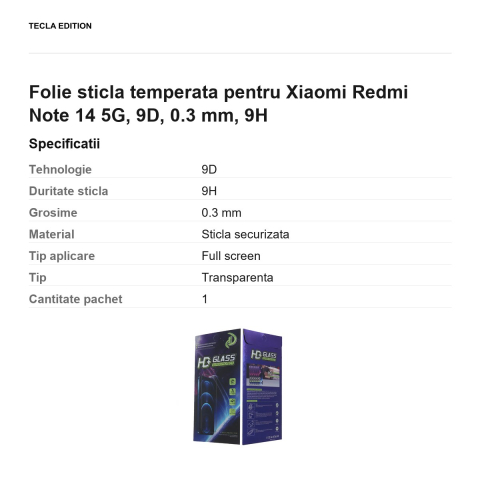 Folie sticla temperata pentru Xiaomi Redmi Note 14 5G, 9D, 0.3 mm, 9H [2]
