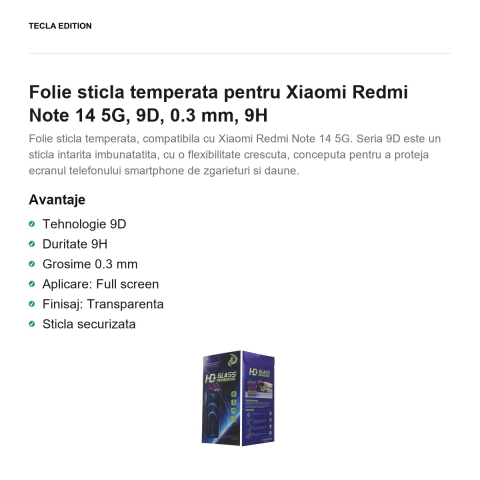 Folie sticla temperata pentru Xiaomi Redmi Note 14 5G, 9D, 0.3 mm, 9H [1]