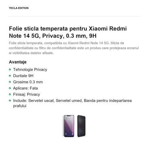 Folie sticla temperata pentru Xiaomi Redmi Note 14 5G, Privacy, 0.3 mm, 9H [1]