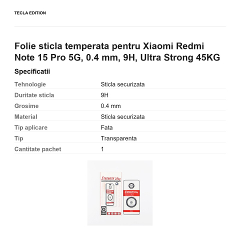 Folie sticla temperata pentru Xiaomi Redmi Note 15 Pro 5G, 0.4 mm, 9H, Ultra Strong 45KG [2]