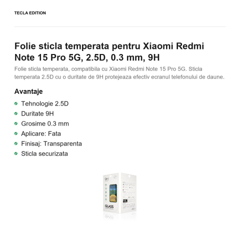 Folie sticla temperata pentru Xiaomi Redmi Note 15 Pro 5G, 2.5D, 0.3 mm, 9H [1]