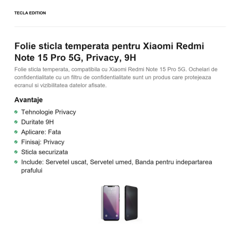 Folie sticla temperata pentru Xiaomi Redmi Note 15 Pro 5G, Privacy, 9H [1]