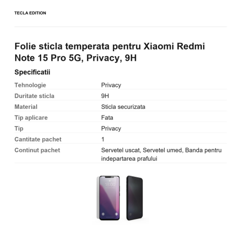 Folie sticla temperata pentru Xiaomi Redmi Note 15 Pro 5G, Privacy, 9H [2]