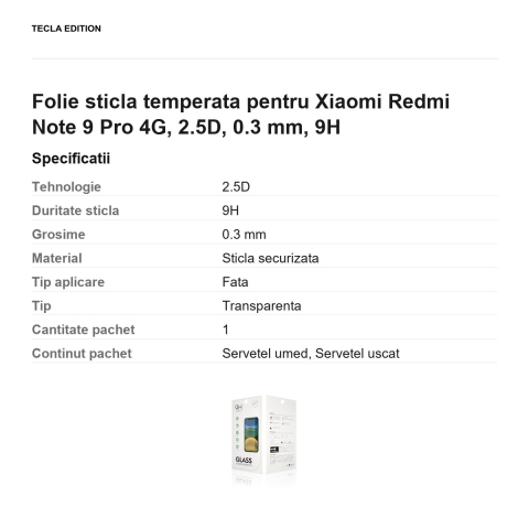 Folie sticla temperata pentru Xiaomi Redmi Note 9 Pro 4G, 2.5D, 0.3 mm, 9H [2]