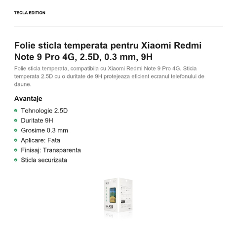 Folie sticla temperata pentru Xiaomi Redmi Note 9 Pro 4G, 2.5D, 0.3 mm, 9H [1]