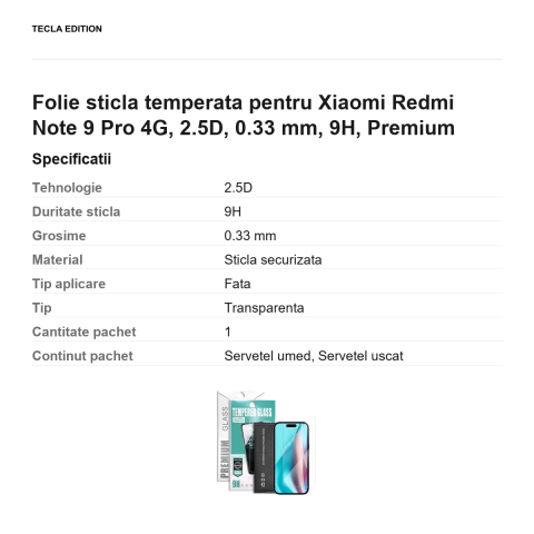 Folie sticla temperata pentru Xiaomi Redmi Note 9 Pro 4G, 2.5D, 0.33 mm, 9H, Premium [2]