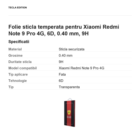 Folie sticla temperata pentru Xiaomi Redmi Note 9 Pro 4G, 6D, 0.40 mm, 9H [2]