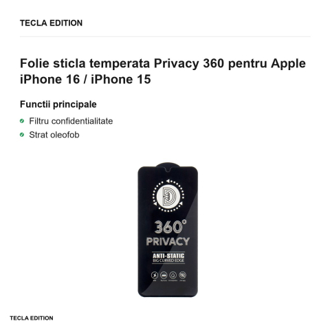 Folie sticla temperata Privacy 360 pentru Apple iPhone 16 / iPhone 15 [1]
