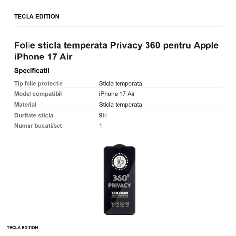 Folie sticla temperata Privacy 360 pentru Apple iPhone 17 Air [2]