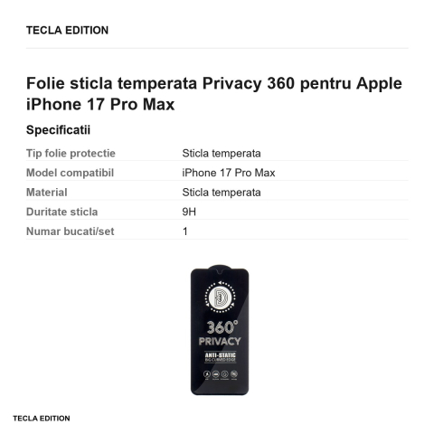 Folie sticla temperata Privacy 360 pentru Apple iPhone 17 Pro Max [2]