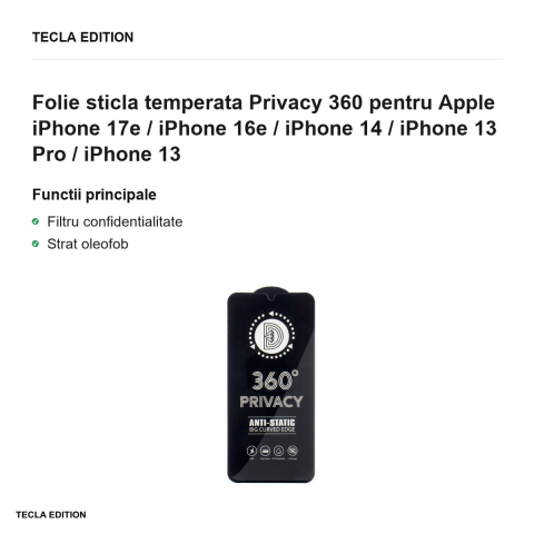 Folie sticla temperata Privacy 360 pentru Apple iPhone 17e / iPhone 16e / iPhone 14 / iPhone 13 Pro / iPhone 13 [1]