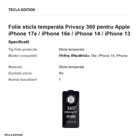 Folie sticla temperata Privacy 360 pentru Apple iPhone 17e / iPhone 16e / iPhone 14 / iPhone 13 Pro / iPhone 13 [2]