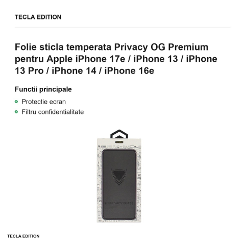 Folie sticla temperata Privacy OG Premium pentru Apple iPhone 17e / iPhone 13 / iPhone 13 Pro / iPhone 14 / iPhone 16e [1]