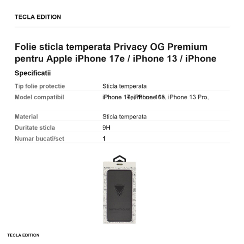 Folie sticla temperata Privacy OG Premium pentru Apple iPhone 17e / iPhone 13 / iPhone 13 Pro / iPhone 14 / iPhone 16e [2]